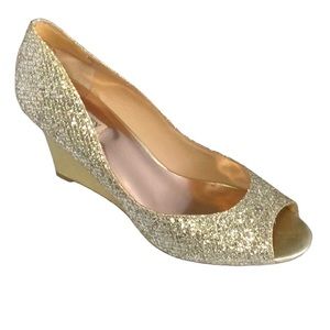 Badgley Mischka gold glitter wedge heels